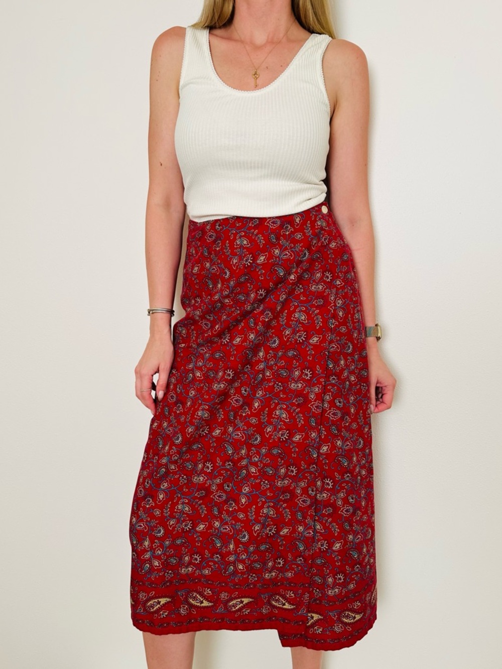 Vintage Erika & Co Floral Paisley Cotton Rayon Wrap Skirt Red Boho Size 8